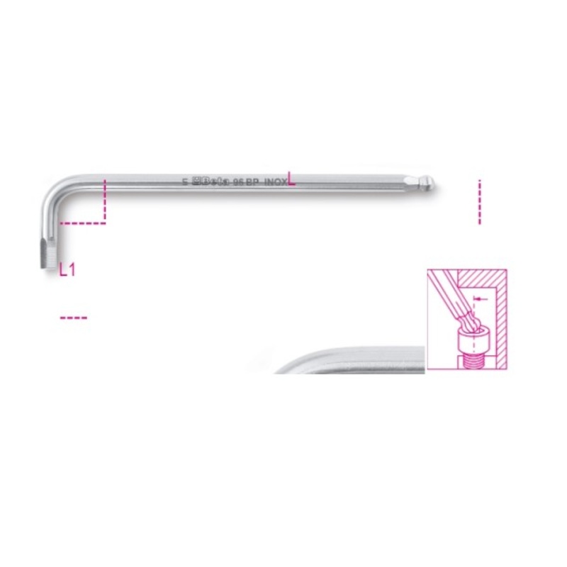 Beta Tools (Article# 96BPINOX 5) 5mm Ball End Offset Hexagon Key, INOX Stainless Steel, 30 deg, Extra Long – BT 961445