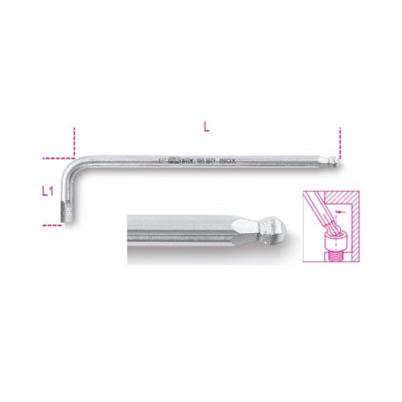 Beta Tools (Article# 96BPINOX-AS 1/8) 1/8 in Ball End Offset Hexagon Key, 30 deg, INOX Stainless Steel – BT 961992