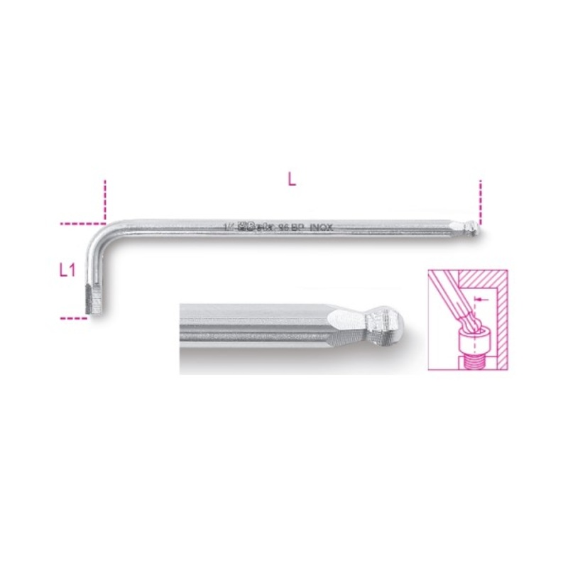 Beta Tools (Article# 96BPINOX-AS 5/16) 5/16 in Ball End Offset Hexagon Key, 30 deg, INOX Stainless Steel – BT 961998