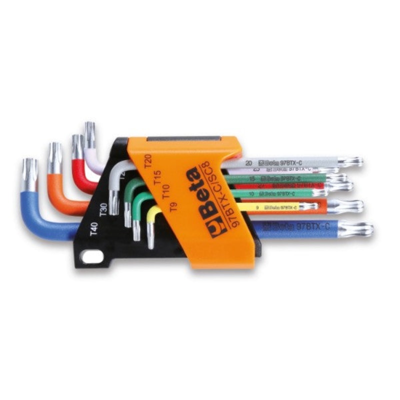 Beta Tools (Article# 97BTX-C/SC8) Set of 8 Colored Offset Torx Key with Ball End and Holder, T9-T40 – BT 971658