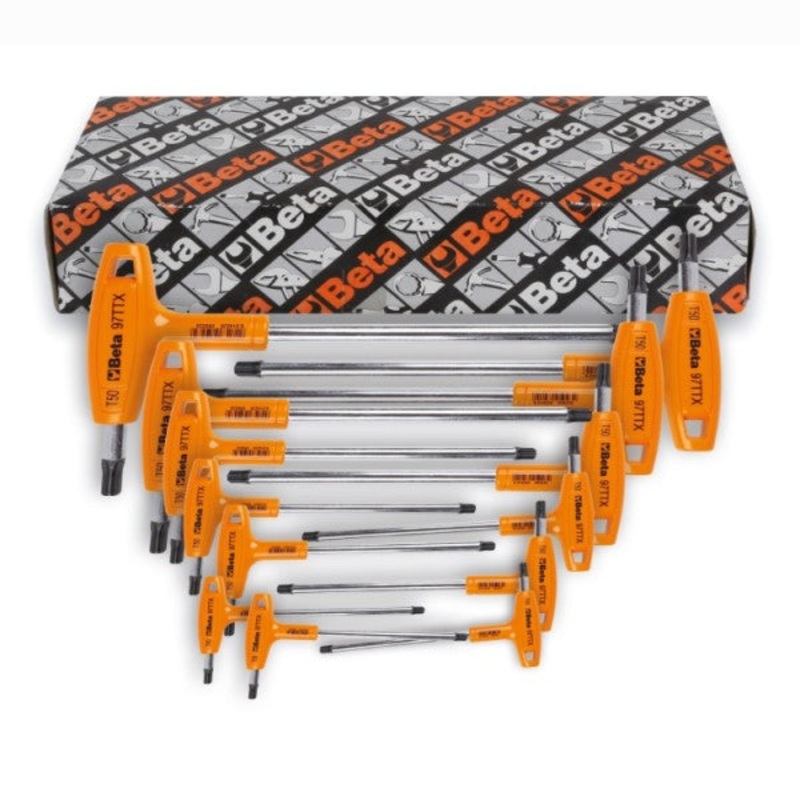 Beta Tools (Article# 97TTX/S13) Set of 13 T-Handle Offset Torx Key, Chrome-Plated, Black Phosphate Ends, Hard Plastic Handle, T6 – T50 – BT 970813