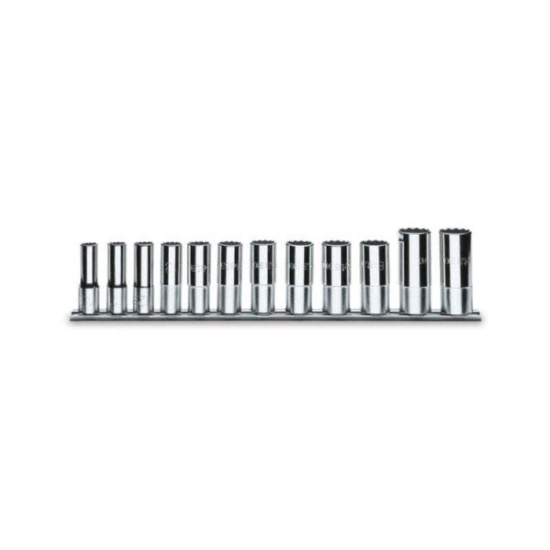 Beta Tools (Article# 910ASL/SB12) Set of 12 Bi-Hexagon Hand Sockets, Long Series, 12 Point 3/8 in Drive 1/4 in – 7/8 in – BT 9100365