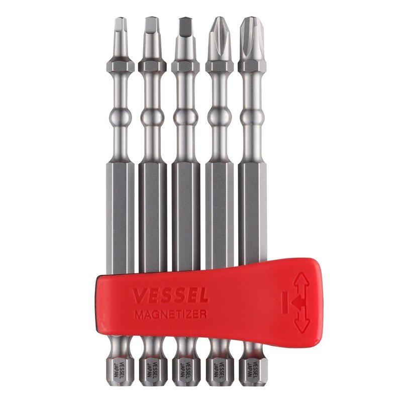Vessel Tools Set of 5 Impact Ball Torsion Bit with Magnetic Charge Holder, PH2, PH3, SQ1, SQ2, SQ3 x 90mm – VL IBMG90K003