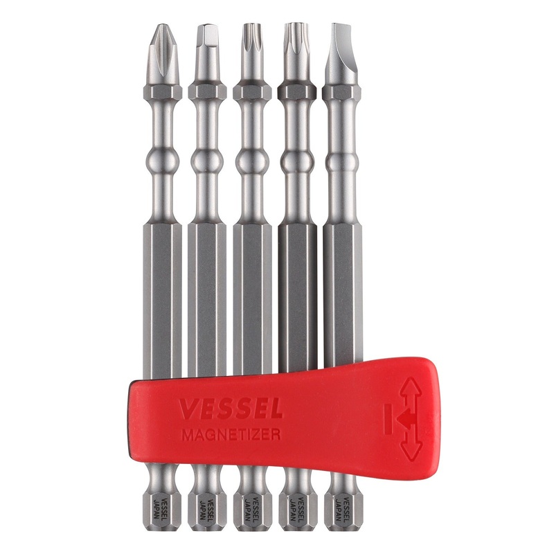 Vessel Tools Set of 5 Impact Ball Torsion Bit with Magnetic Charge Holder, PH2, Slotted6, SQ2, T20, T25 x 90mm – VL IBMG90K002