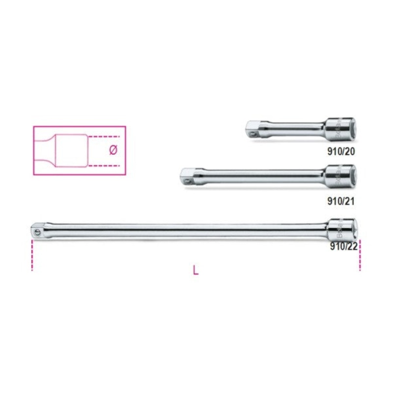 Beta Tools (Article# 910/20) 3/8 in Drive Socket Extension Bar, Chrome-Plated, 75mm – BT 9100820
