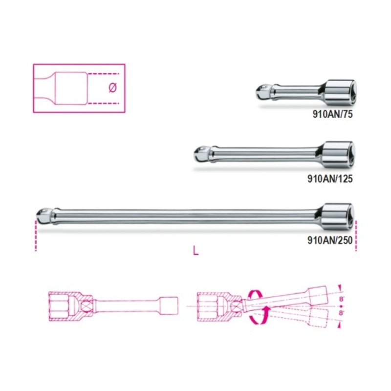 Beta Tools (Article# 910AN/125) 3/8 in Drive Wobble Socket Extension Bar, Chrome-Plated, 125mm – BT 9100828