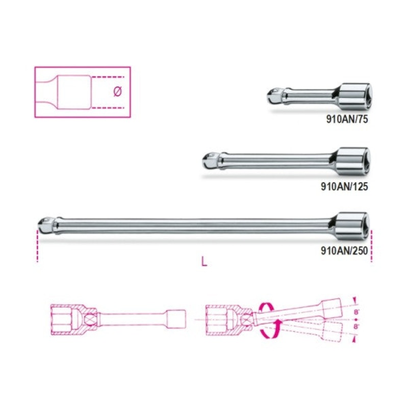 Beta Tools (Article# 910AN/75) 3/8 in Drive Wobble Socket Extension Bar, Chrome-Plated, 75mm – BT 9100827