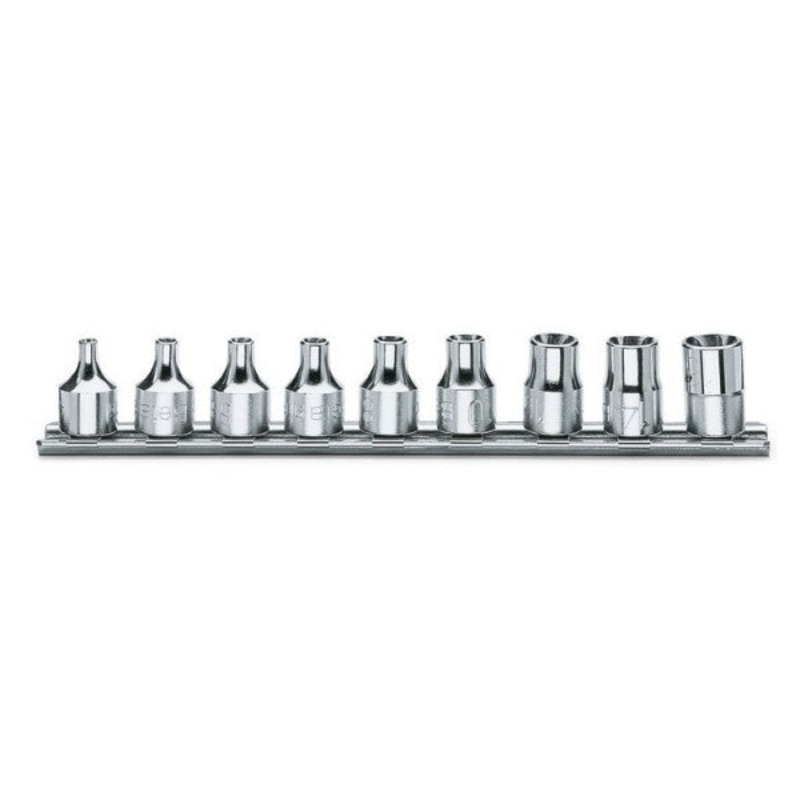 Beta Tools (Article# 910FTX/SB9) Set of 9 3/8 in Drive Torx Hand Sockets on Rail, Chrome-Plated, E4-E16 – BT 9100430