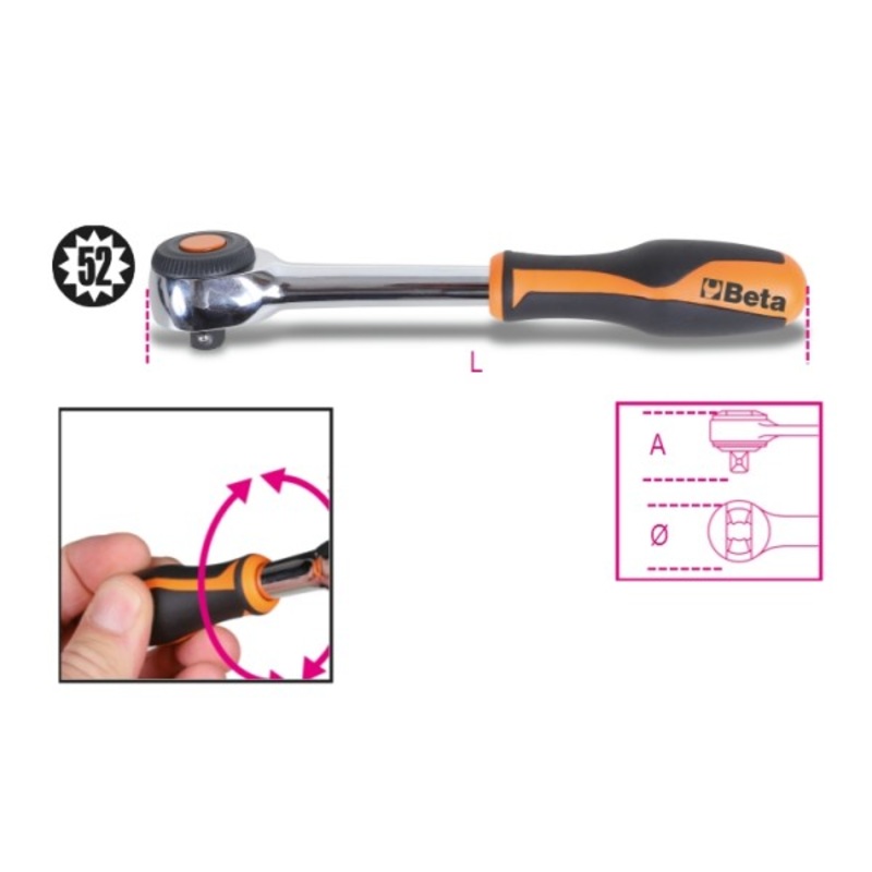 Beta Tools (Article# 920/58) 1/2 in Drive Reversible Ratchet with Rotating Handle, 52 Teeth – BT 9200926