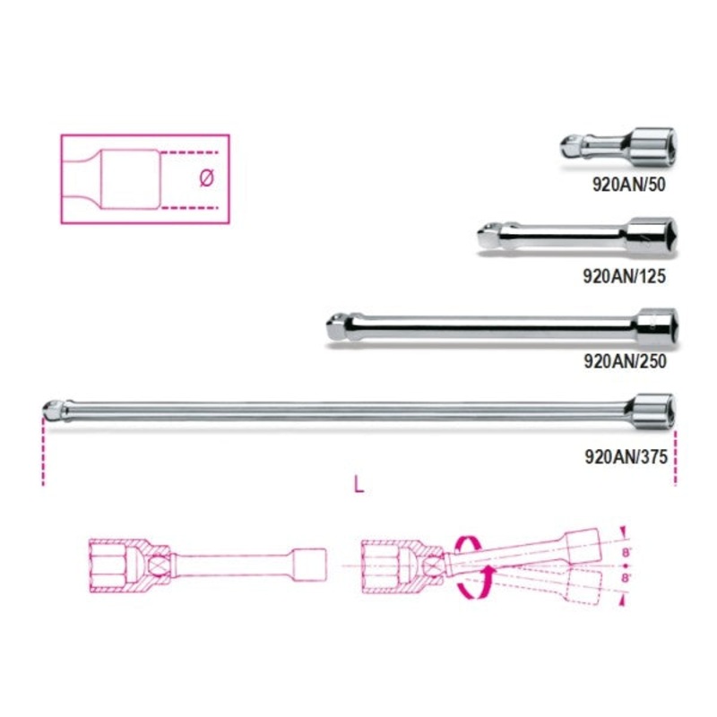 Beta Tools (Article# 920AN/375) 1/2 in Drive Wobble Socket Extension Bar, Chrome-Plated, 375mm – BT 9200836