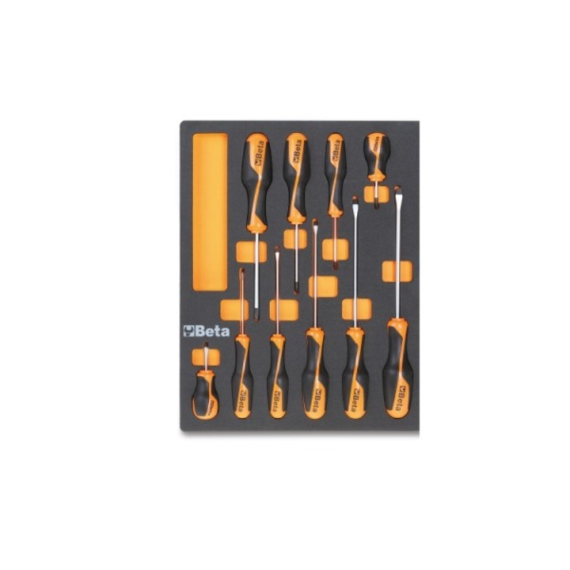 Beta Tools (Article# M208) Set of 10 Slotted and Phillips Screwdrivers with Soft Thermoformed Tray for Tool Cabinet Drawer – BT 24500208
