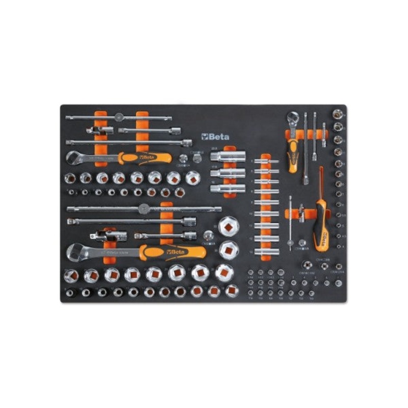 Beta Tools (Article# MM105) Set of 107 1/4 in, 1/2 in, 3/8 in Drive Socket and Accessories with Soft Thermoformed Tray for Tool Cabinet Drawer – BT 24580105