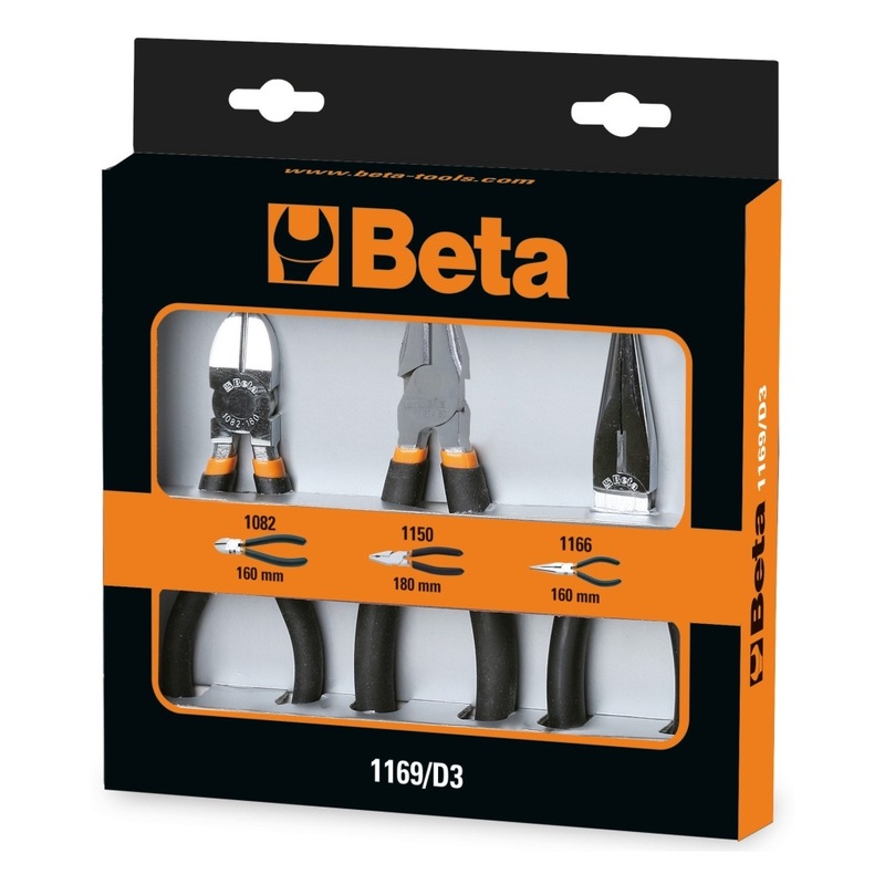 Beta Tools (Article# 1169/D3) Set of 3 Pliers – Combination and Long Needle Nose Plier, Diagonal Cutting Nipper – BT 11690053