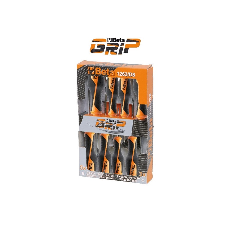 Beta Tools (Article# 1263/D8) Set of 8 Screwdrivers – 4 Slotted Head and 4 Phillips Head – BT 12630008