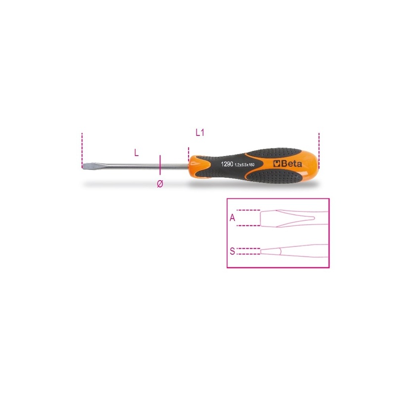 Beta Tools (Article# 1290INOX 3X75) Slotted Screwdriver, INOX Stainless Steel, 3mm Tip, OAL 75mm – BT 12900409