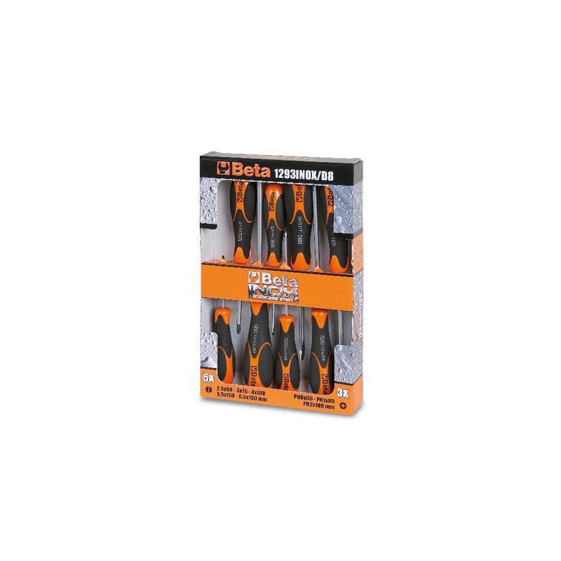 Beta Tools (Article# 1293INOX/D8) Set of 10 Slotted and Phillips Head Screwdrivers, INOX Stainless Steel – BT 12930408