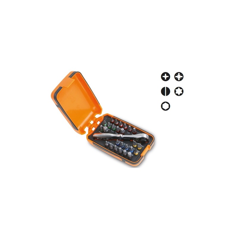 Beta Tools (Article# 860/C27) Set of 25 Bits, 1 Connector and 1 Reversible Ratchet with Plastic Case – BT 8600880