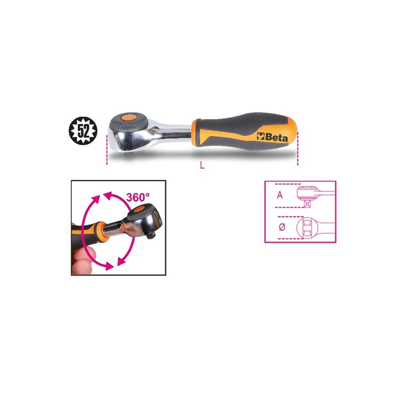 Beta Tools (Article# 900/58) 1/4 in Drive Reversible Ratchet with Rotating Handle, 52 Teeth – BT 9000884