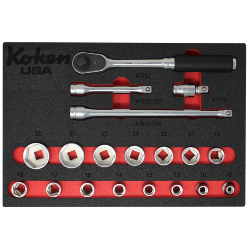 Ko-ken Tools Z-Series 1/2 Sq. Dr. Socket and Accessories Set Metric in Foam – 19 Pieces