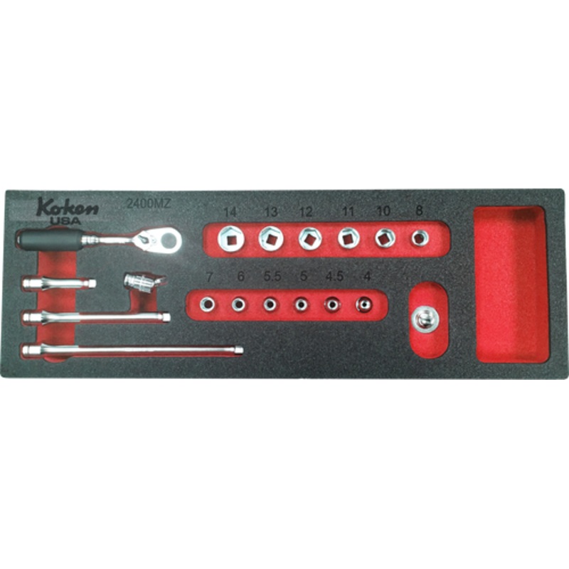 Ko-ken Tools Z-Series 1/4 Sq. Dr. Socket and Accessories Set Metric in Foam – 18 Pieces