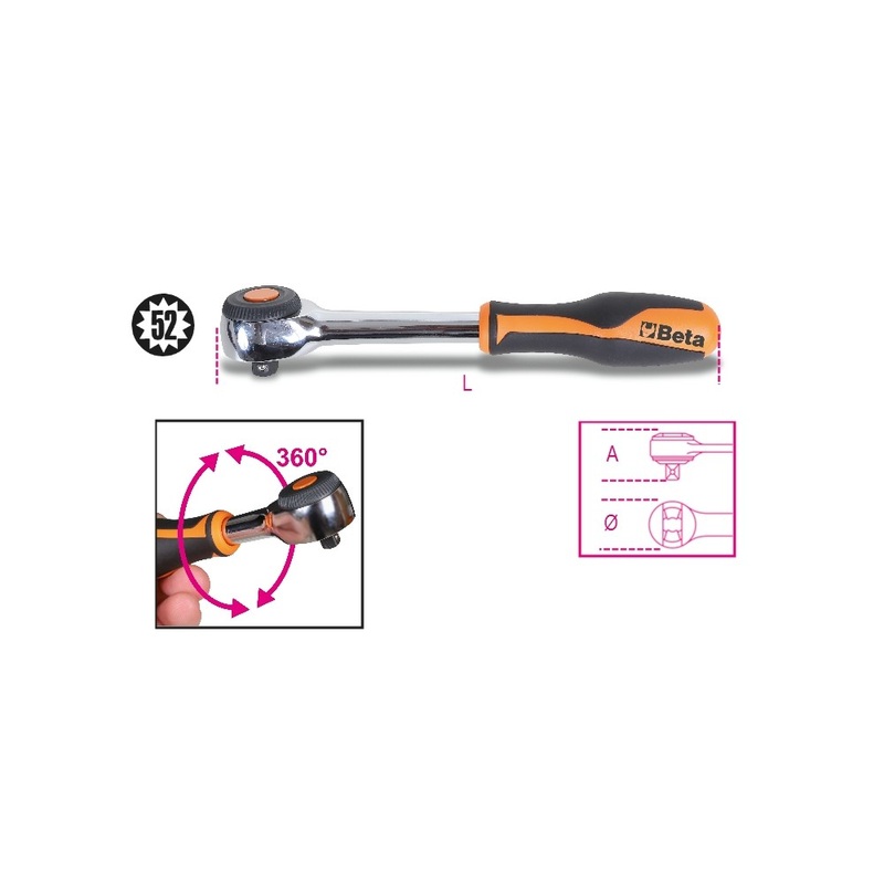 Beta Tools (Article# 910/58) 3/8 in Drive Reversible Ratchet with Rotating Handle, 52 Teeth – BT 9100884