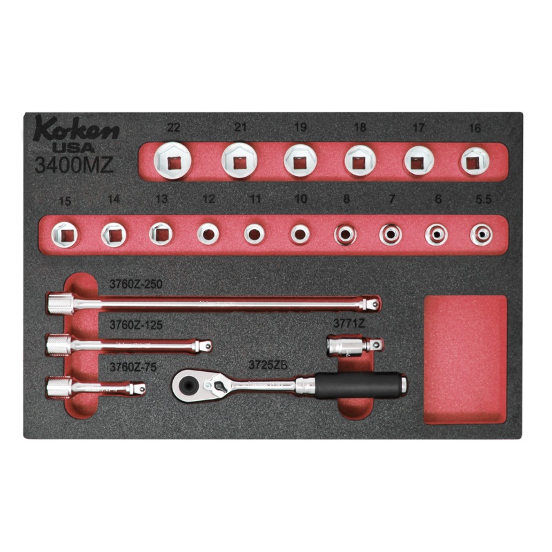 Ko-ken Tools Z-Series 3/8 Sq. Dr. Metric Socket Set w/ 72 Teeth Quick-Release Ratchet in Foam -21 Pieces