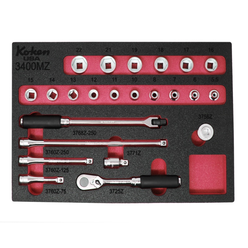 Ko-ken Tools Z-Series 3/8 Sq. Dr. Metric Socket Set with Quick Release Ratchet in Foam – 23 Pieces