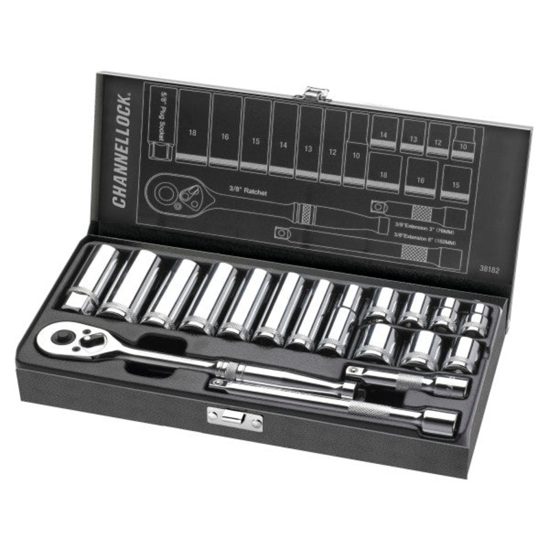 Channellock Set of 18 3/8 in Drive Metric Socket with Metal Box – CL 38182 Socket Set