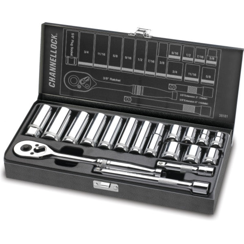 Channellock Set of 18 3/8 in Drive SAE Socket with Metal Box – CL 38181 Socket Set