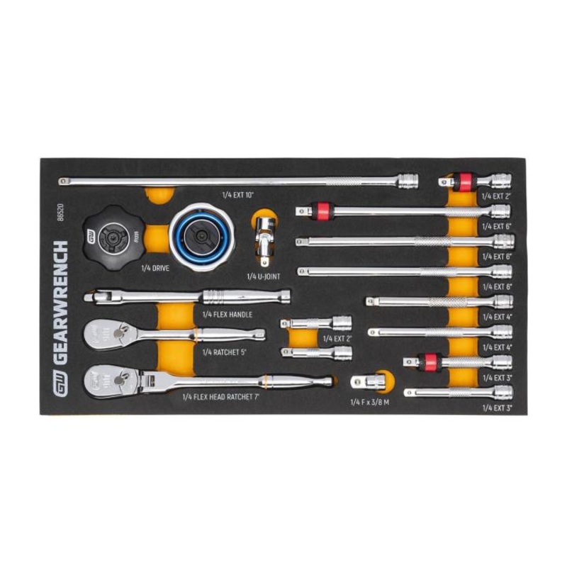 GEARWRENCH Set of 18 1/4 in Drive 90-Tooth Ratchet and Drive Tools in Foam Storage Tray – GW 86520 Tool Set