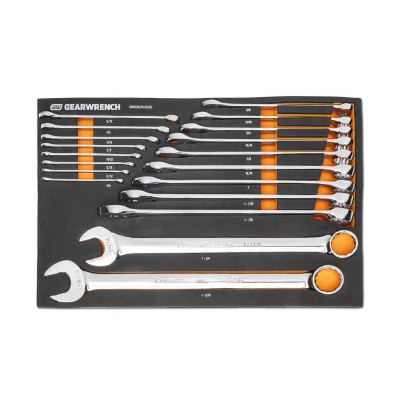 GEARWRENCH Set of 19 12-Point Long Pattern SAE Combination Wrenches in Foam Storage Tray – GW GWMSCWL12SAE Wrench Set