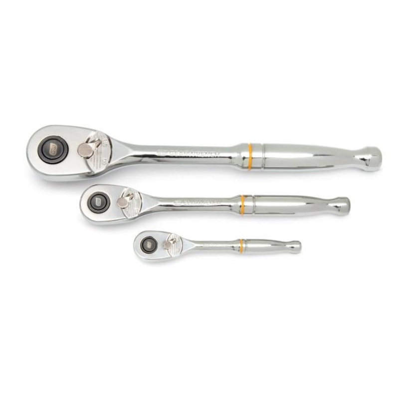 GEARWRENCH Set of 3 1/4 in, 3/8 in, 1/2 in Drive 90-Tooth Quick Release Teardrop Ratchets – GW 81310T Ratchet Set