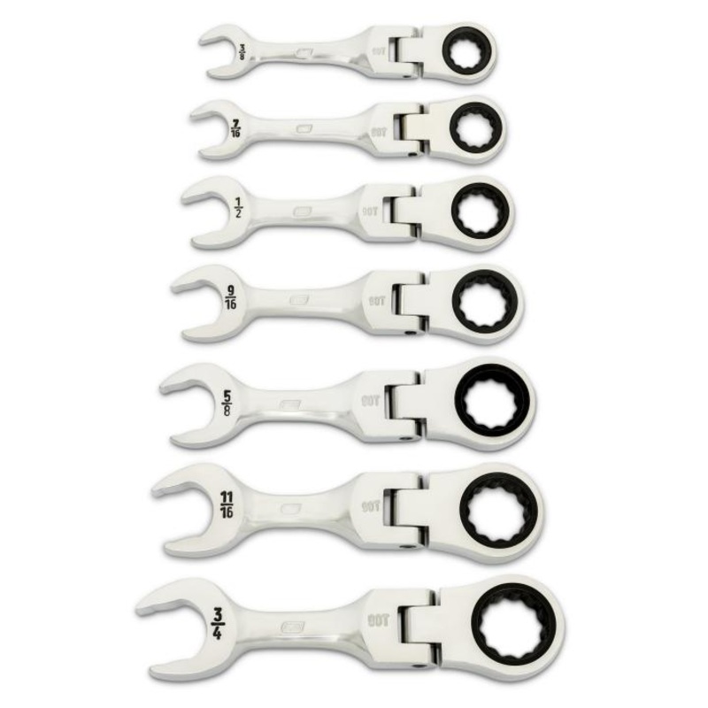 GEARWRENCH Set of 7 90-Tooth 12-Point Stubby SAE Flex Ratcheting Combination Wrenches – GW 86878 Wrench Set