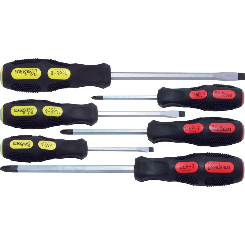 Ko-ken Tools Phillips and Flat Head Blade Through Type Screwdriver Set, PH1-2-3/SL5-6-8 – 6 pieces