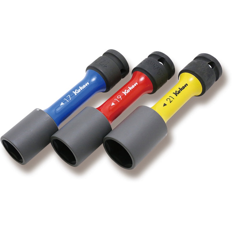 Ko-ken Tools 1/2 Sq. Dr. Wheel Nut Socket 3 piece Set, 17-21mm, 6 point Thin Wall and Color Coded by Size