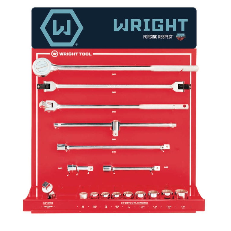 Wright Tool Set of 16 3/4 in Drive 12-Point SAE Polished Fractional Socket, Handle and Attachment Display – WT D949 Socket Set