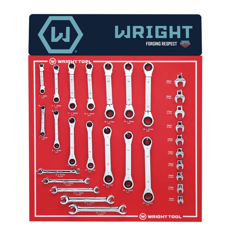Wright Tool Set of 29 Metric Satin Ratcheting Box, Flare Nut and Open End Crowfoot Wrench – WT D956 Wrench Set
