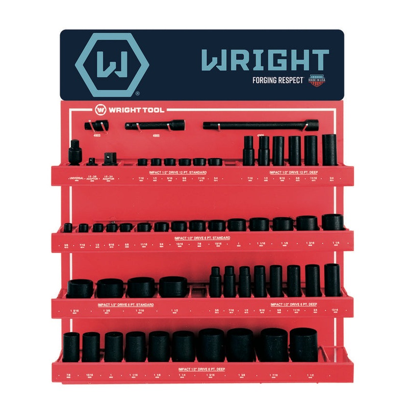Wright Tool Set of 55 1/2 in Drive 6, 12-Point Standard, Deep SAE Black Oxide Impact Socket and Attachment Display – WT D953 Impact Socket Set