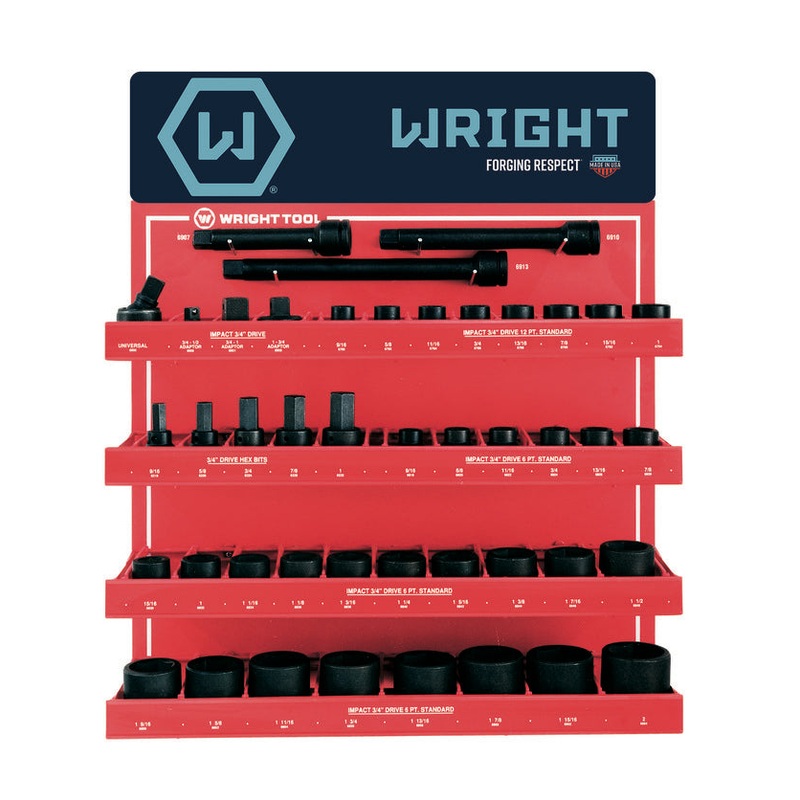 Wright Tool Set of 44 3/4 in Drive 6, 12-Point Standard, Deep SAE Black Oxide Impact Socket and Attachment Display – WT D985 Impact Socket Set
