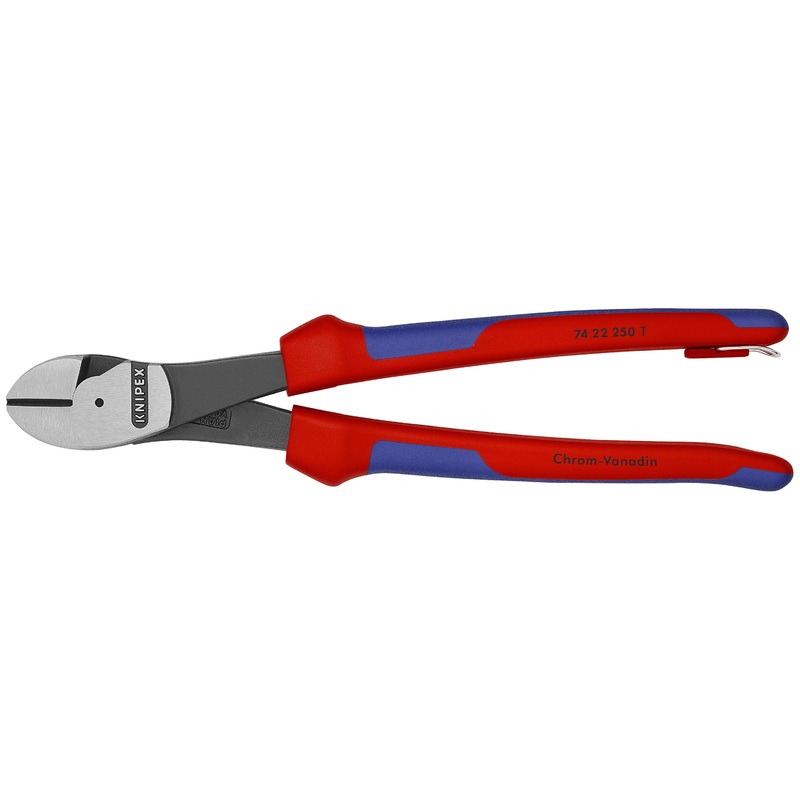 Knipex 74 22 250 T BKA KN | High Leverage Angled Diagonal Cutters, 12 degree Angled, Multi-Component, Tethered Attachment