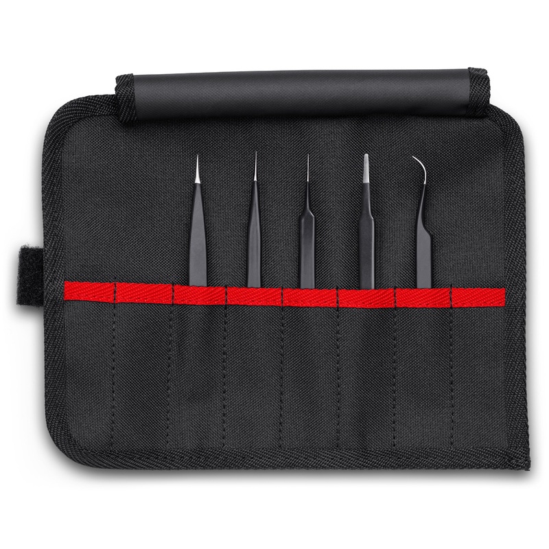 Knipex 92 00 01 ESD KN | 6 Pc Stainless Steel Tweezers Set in Tool Roll, ESD