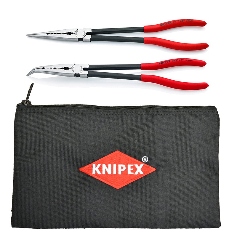 Knipex 9K 00 80 128 US KN | 2 Pc Extra Long Needle Nose Pliers Set w/ Keeper Pouch (28 71 280, 28 81 280 and 9K 00 90 12 US)