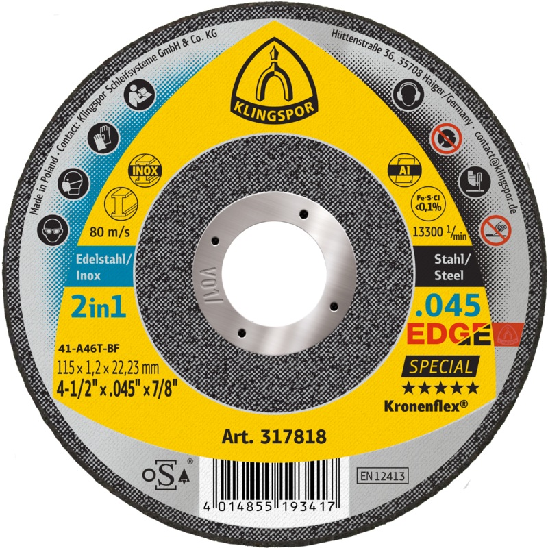 Klingspor Edge 317818 4-1/2 in. x 0.045 in. x 7/8 in. Flat Cut Off Wheel