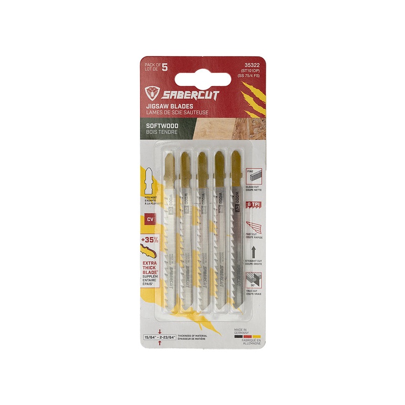 Sabercut 4 in. x 6TPI Thick-Kerf T-Shank Jigsaw Blade for Clean Cuts on Wood (5-Pack)