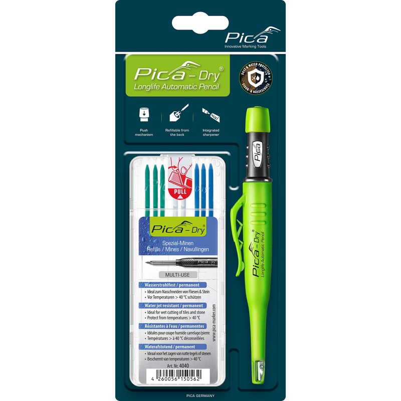PICA Dry Longlife Automatic Pencil and Refill Bundle (Green/White/Blue)