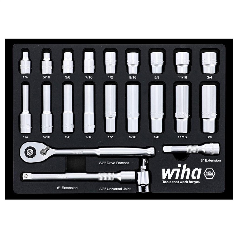 Wiha 33796 SAE 3/8 in. Drive Professional Standard and Deep Socket Set (22-Piece)