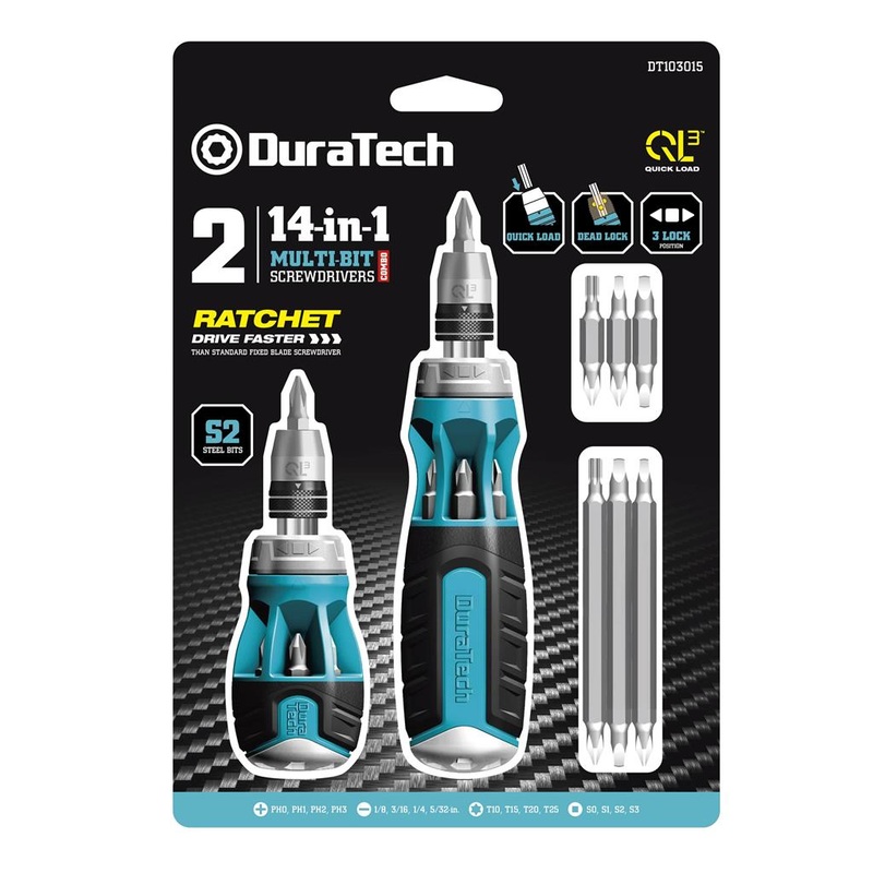 DuraTech 2 pack 14 in 1 Ratcheting Multi-Bit Stubby + Regular QuickLoad Screwdriver Set